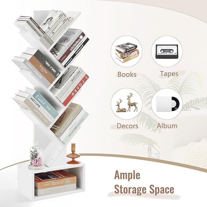 Hoctieon 6 Tier Tree Bookshelf, Tall Bookcase with Drawer, Freestanding Book Shelf, Display Floor Standing Storage Shelf, Book Organizer Shelves for Home Office, Living Room, Bedroom, White