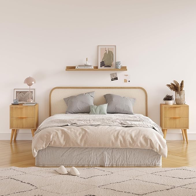 Fluted Nightstand with 2 Drawers,Modern Bedside Table with Metal Handles,Whit...