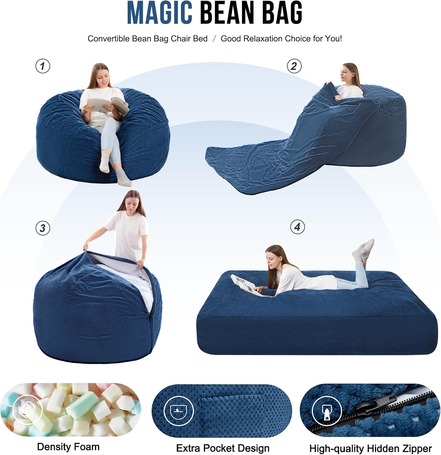 Homguava Chenille Bean Bag Bed, Convertible Bean Bag Chairs from Lazy Sofa Chair to Floor Mattress Bed, 3 in 1 Giant Bean Bag Chair for Adults with Filler for Living Room Machine Washable(Queen,Blue)