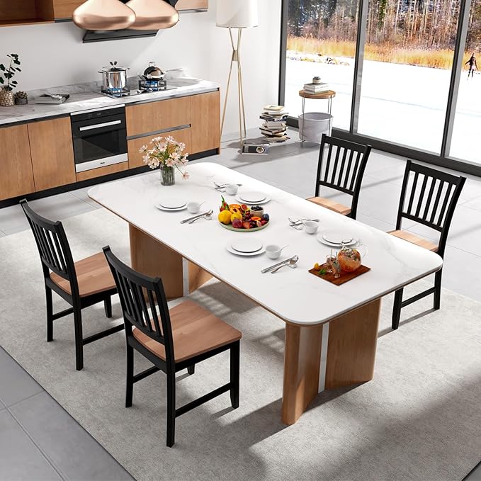 COSTWAY Dining Chairs Set of 4, Mid Century Modern Dining Room Chairs with Solid Rubber Wood Legs and Curved Backrest, Kitchen Chairs for Home, Living Room, Restaurant, Black & Walnut