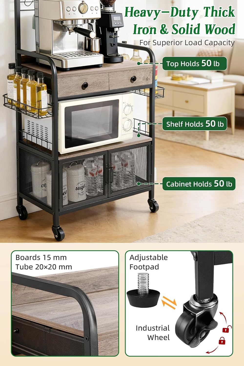Coffee Bar Cabinet with Storage, Coffee Cart with Wheels, Coffee Station with...