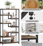 Solid Wood Industrial Tall Bookshelf - 7 Tier Staggered Bookshelves, 55’’H Rustic Brown Vintage Bookcase, Free Standing Open Bookshelf, Shelving Units Organizer for Bedroom Office Living Room.