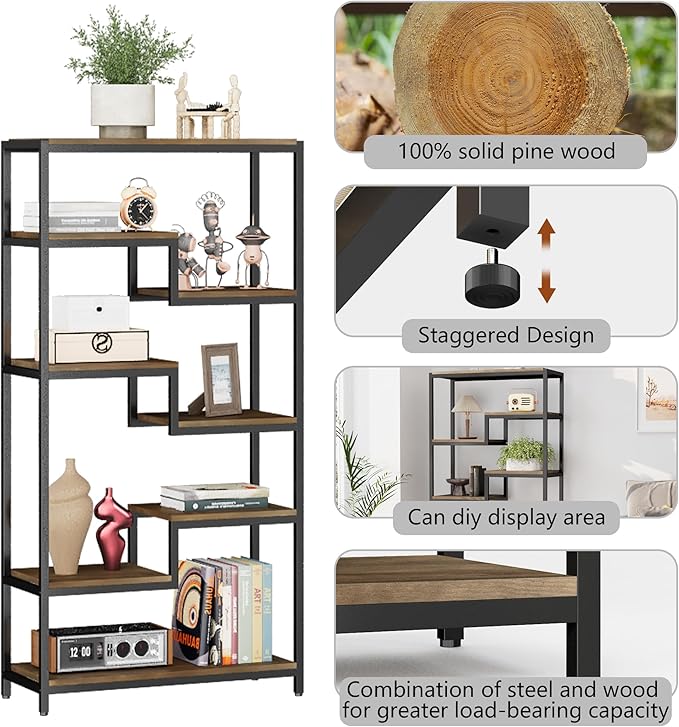 Solid Wood Industrial Tall Bookshelf - 7 Tier Staggered Bookshelves, 55’’H Rustic Brown Vintage Bookcase, Free Standing Open Bookshelf, Shelving Units Organizer for Bedroom Office Living Room.
