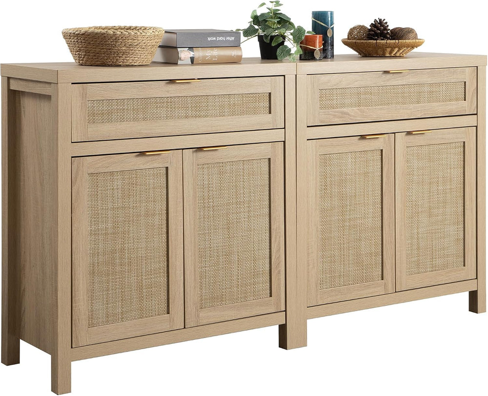 SICOTAS Sideboard Buffet Storage Cabinet Set of 2, Rattan Credenza Buffet