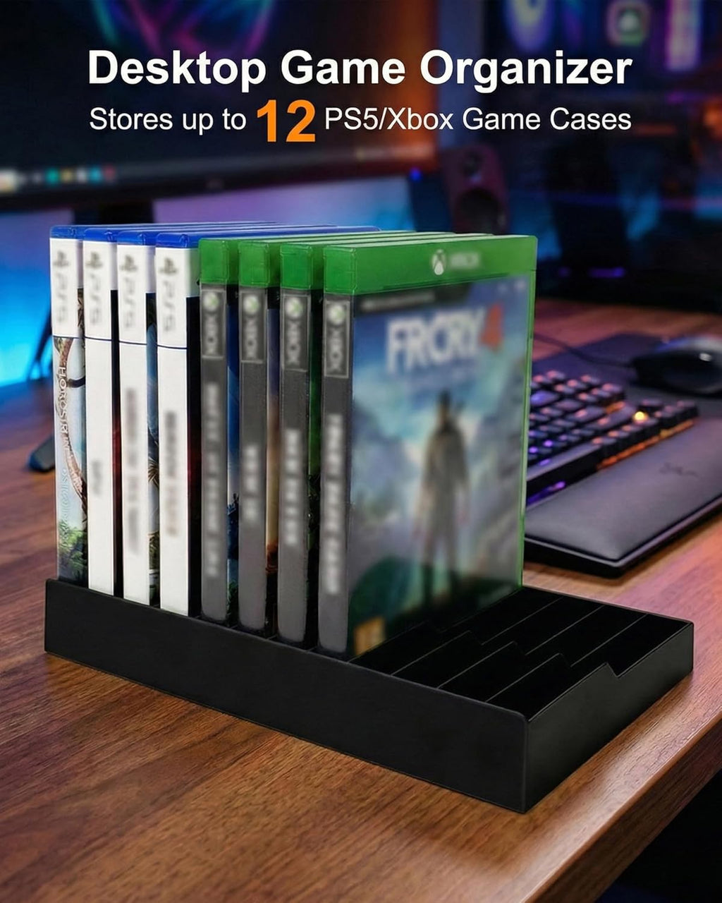 Video Game Storage Tower for PS5 / PS4 / Xbox Series X/Xbox One Game Cases, 12-Disc Capacity DVD & Blu-Ray Organizer Stand, Anti-Slip ABS Desktop Rack, No Assembly Required (1, Black)