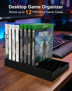 Video Game Storage Tower for PS5 / PS4 / Xbox Series X/Xbox One Game Cases, 12-Disc Capacity DVD & Blu-Ray Organizer Stand, Anti-Slip ABS Desktop Rack, No Assembly Required (1, Black)