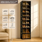 Foldable Shoe Organizer Storage Box Set of 2, Portable Extra Large Folding Shoe Rack for Closet, Shoe Storage Box with Magnetic Transparent Door and Wheels, 9 Layers 18 Grids with 4 Big Grids