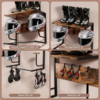 Motorcycle Helmet Holder Wall Mounted, Helmet Rack Wall Mount with Helmet Rack, 4 Glove Chips and 4 hooks, Rustic Helmets Holder and Motorcycle Helmets Racks for Most of Helmet and Clothes