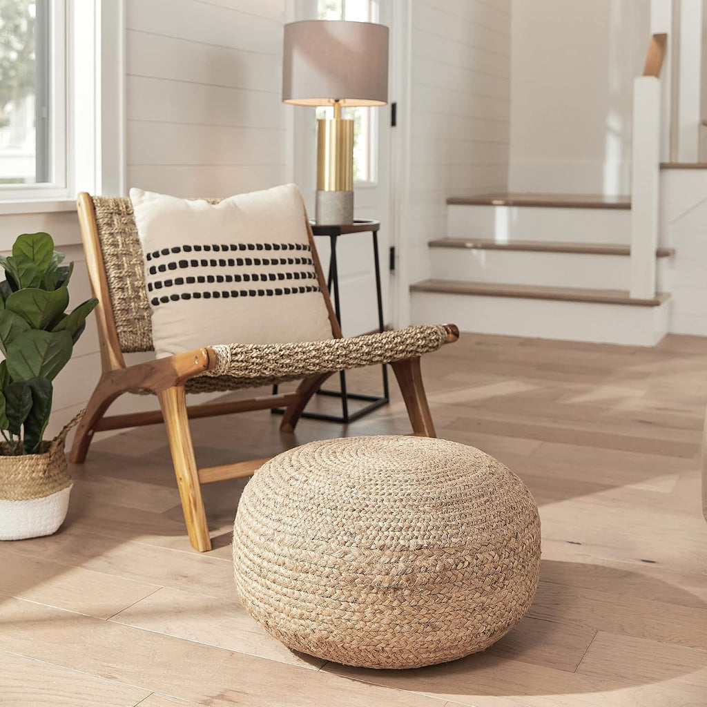 Decor Therapy Round Pouf Ottoman Footrest, Natural Jute Woven, Boho Pouf, Bohemian Style Casual Seating for Living Room, Bedroom, Patio Decor 19"x 19"x 10.5"
