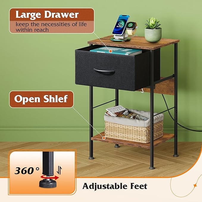 WLIVE Nightstand with Charging Station, Night Stand with 1 Fabric Drawer and ...