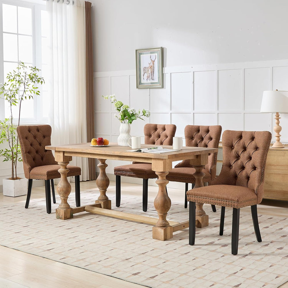 Linen Upholstered Dining Chairs Set of 6, Espresso Brown Mid Century Modern D...