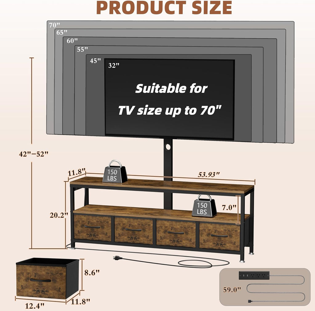 JUSTOGO TV Stand with Mount & Power Outlet for 32-70 Inch TVs, Rustic Brown | TV Console with Drawers & Led Lights, AC Outlets & USB Ports, For Living Room, Bedroom, Height Adjustable, Swivel TV Cabinet