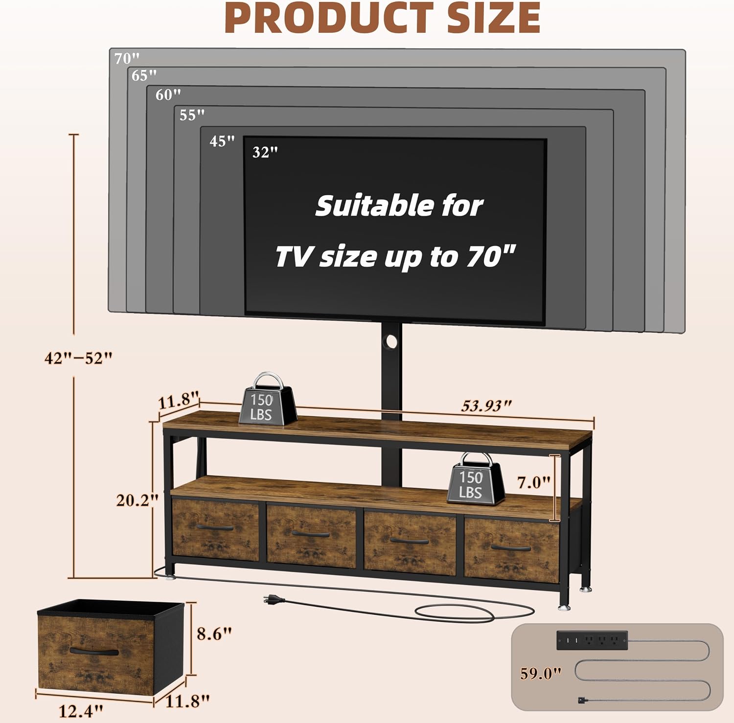 JUSTOGO TV Stand with Mount & Power Outlet for 32-70 Inch TVs, Rustic Brown | TV Console with Drawers & Led Lights, AC Outlets & USB Ports, For Living Room, Bedroom, Height Adjustable, Swivel TV Cabinet