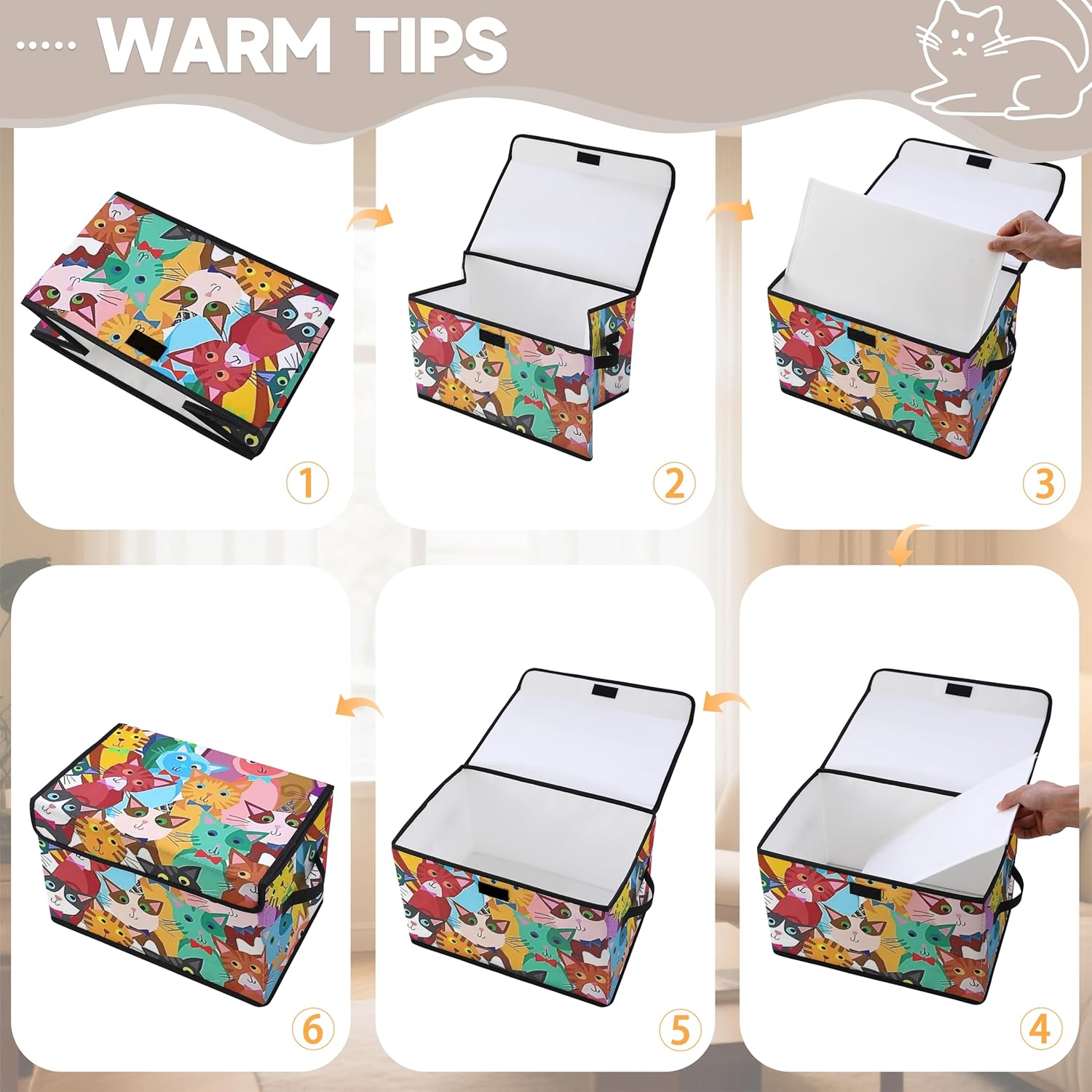 Stackable Clothes Storage Bins with Lids,Closet Organizers Fabric Cat Printing Box for Home and Office,Blanket Clothes Organizers,Under Bed Storage Containers 3 Pack.