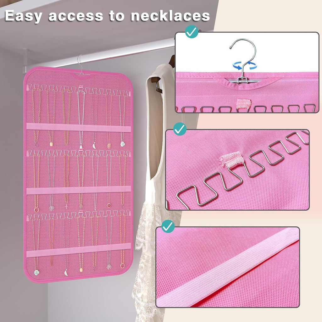 Hanging Jewelry Organizer Storage, 40 Pockets 36 Hooks Necklace Earring Necklace Bracelet Ring Organizer, Double - Sided Design, Pink