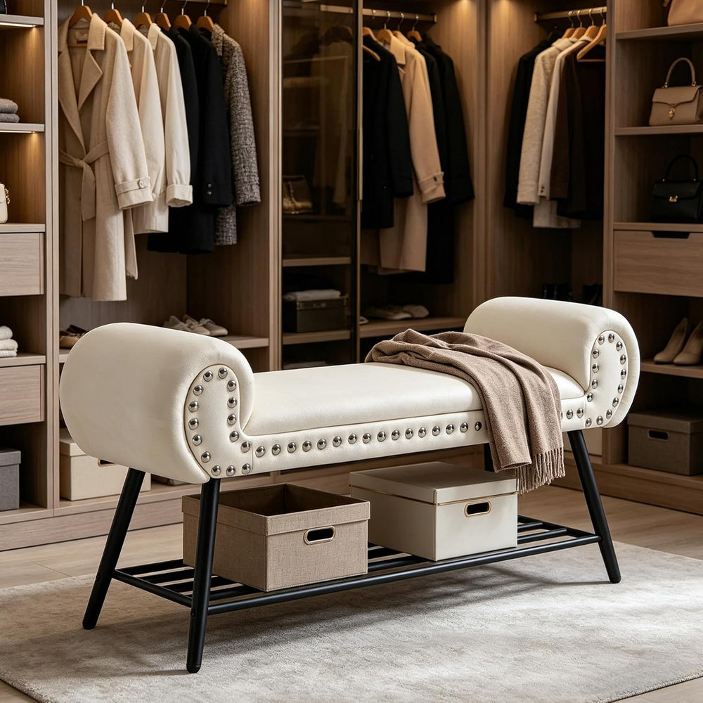45" Upholstered Storage Shoe Bench, Velvet Fabric End of Bed Bench with ...