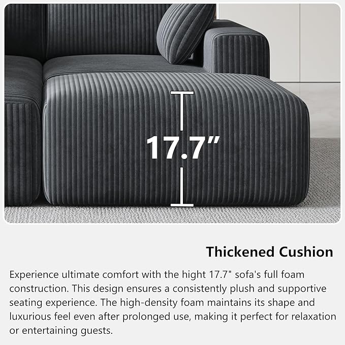 108" Cloud Couch Modular Sectional Sofa for Living Room,L Shaped Boneless Couch with Deep Seat Chaise,No Assembly Required Foam Sleeper Sofa for Apartments,Plush Corduroy Fabric, Dark Gray