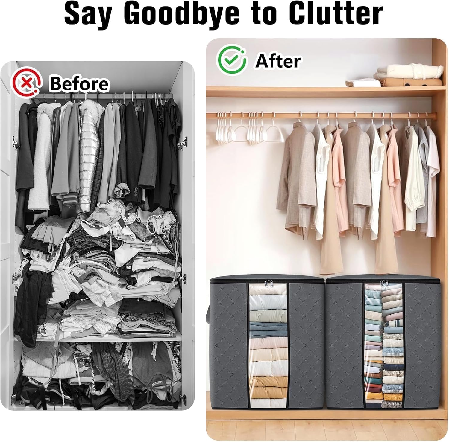 6 Pack Clothes Storage Bags 80L Blanket Storage Containers with Window Grey | Large Comforter Organizer for Closet, Bedding, Quilts, Sheets and Pillows, Foldable Storage Bags for Home Organization