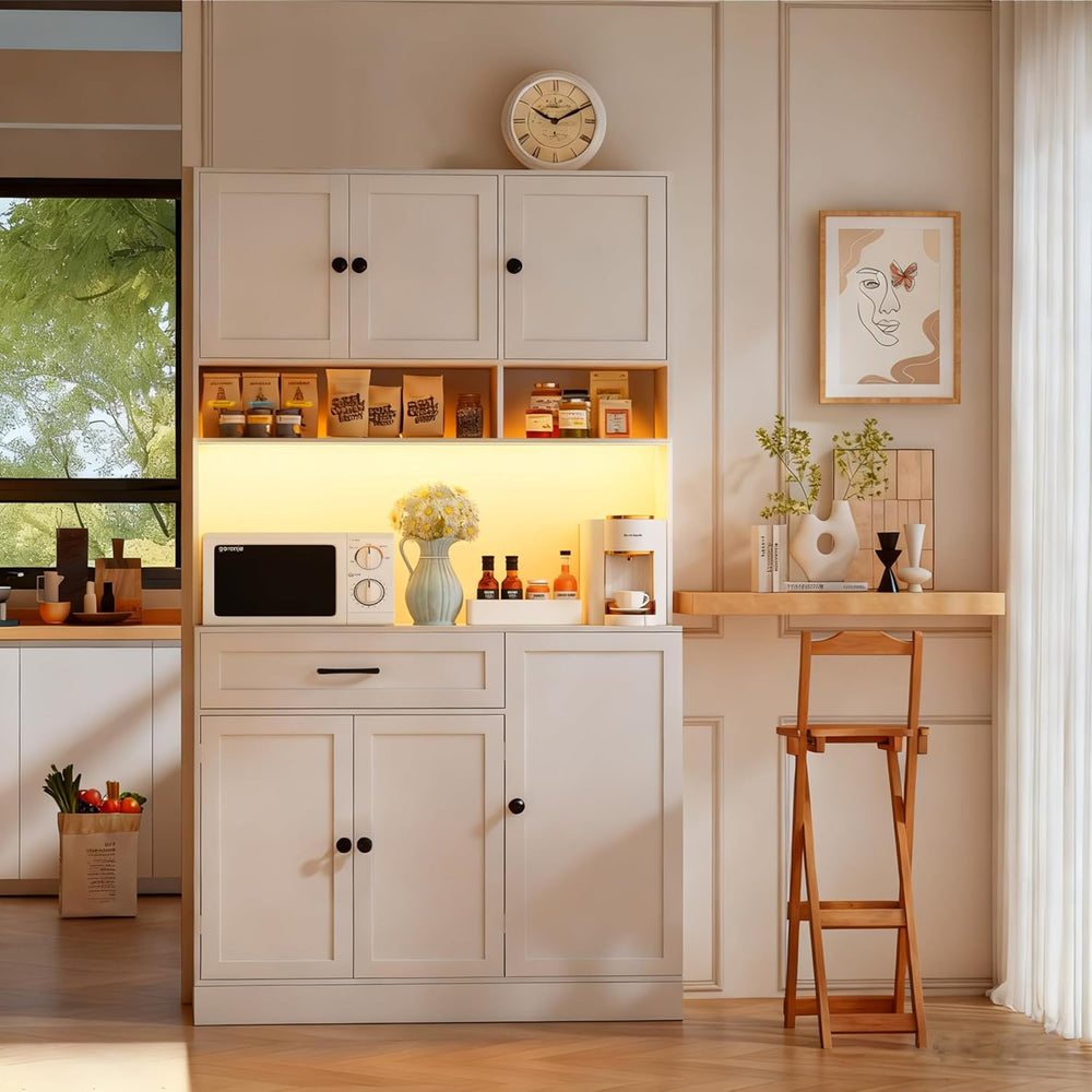 FJTJBSI 72" Kitchen Pantry Cabinet with LED Light and Charging Station T...