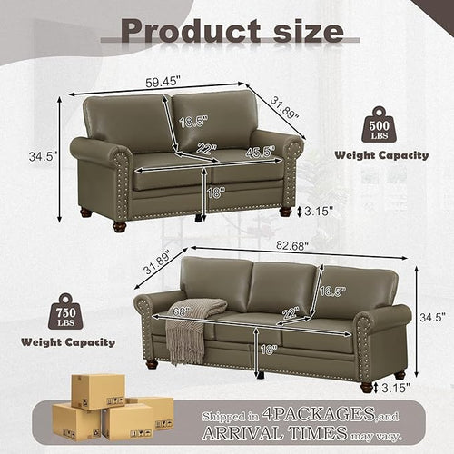 2 Piece Faux Leather Sofa Set,Modern Couch and Loveseat Sets with Storage,Mid Century Couch with Rivet Rolled Arm,Comfy Deep Seat Sofa,Furniture for Living Room,Office(Loveseat+3 Seater,Taupe)