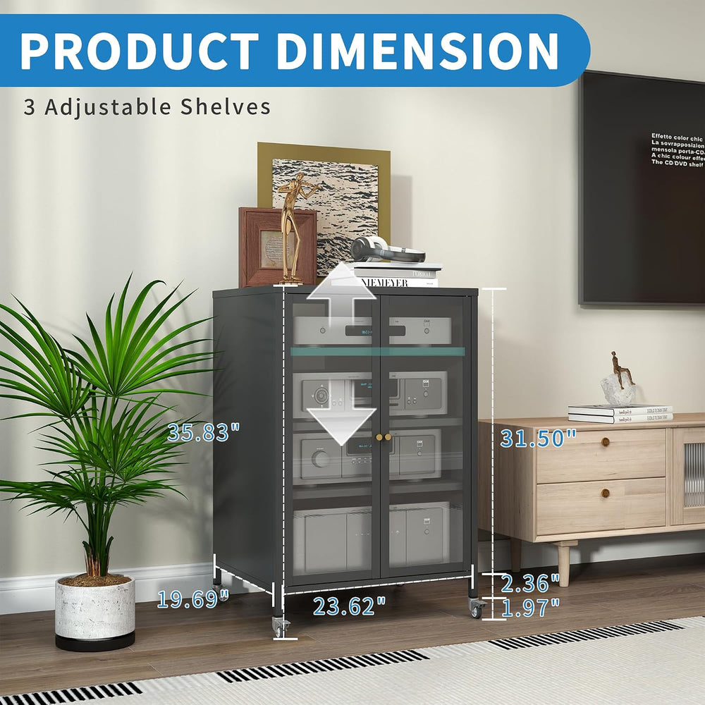 Stereo Cabinet, Metal Media Storage Cabinet with Glass Doors, Audio-Video Med...