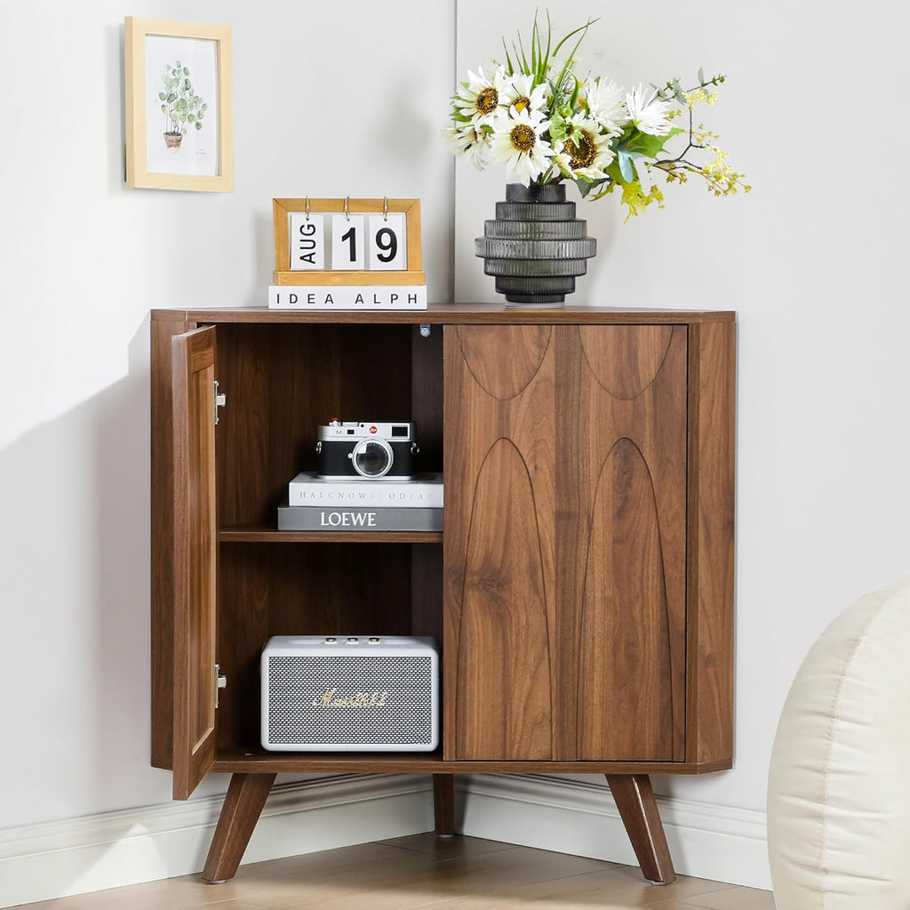 Small Corner Cabinet,Corner Floor Cabinet with Adjustable Doors and Shelve, Freestanding Narrow Storage Organizer for Kitchen Living Room Bathroom (Walnut)