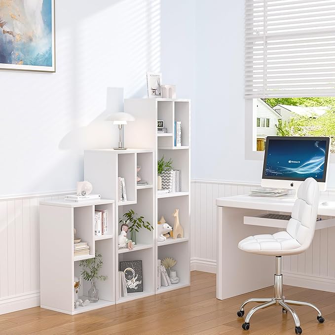 VECELO 4-Tier Bookcase, Modern Storage Cabinet with Height Difference Shelves for Standard Textbooks, 5 Cubes, Vertical or Horizontal, Easy Assembly, Pearl White