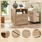 LEYAOYAO Rattan Night Stand with Charger Station, 23" Wide Boho Nightstand with 2 Drawers, Natural Wood Bedside Table Open Storage Cabinet, Bed Side End Tables Dresser for Bedroom, Living Room Hallway