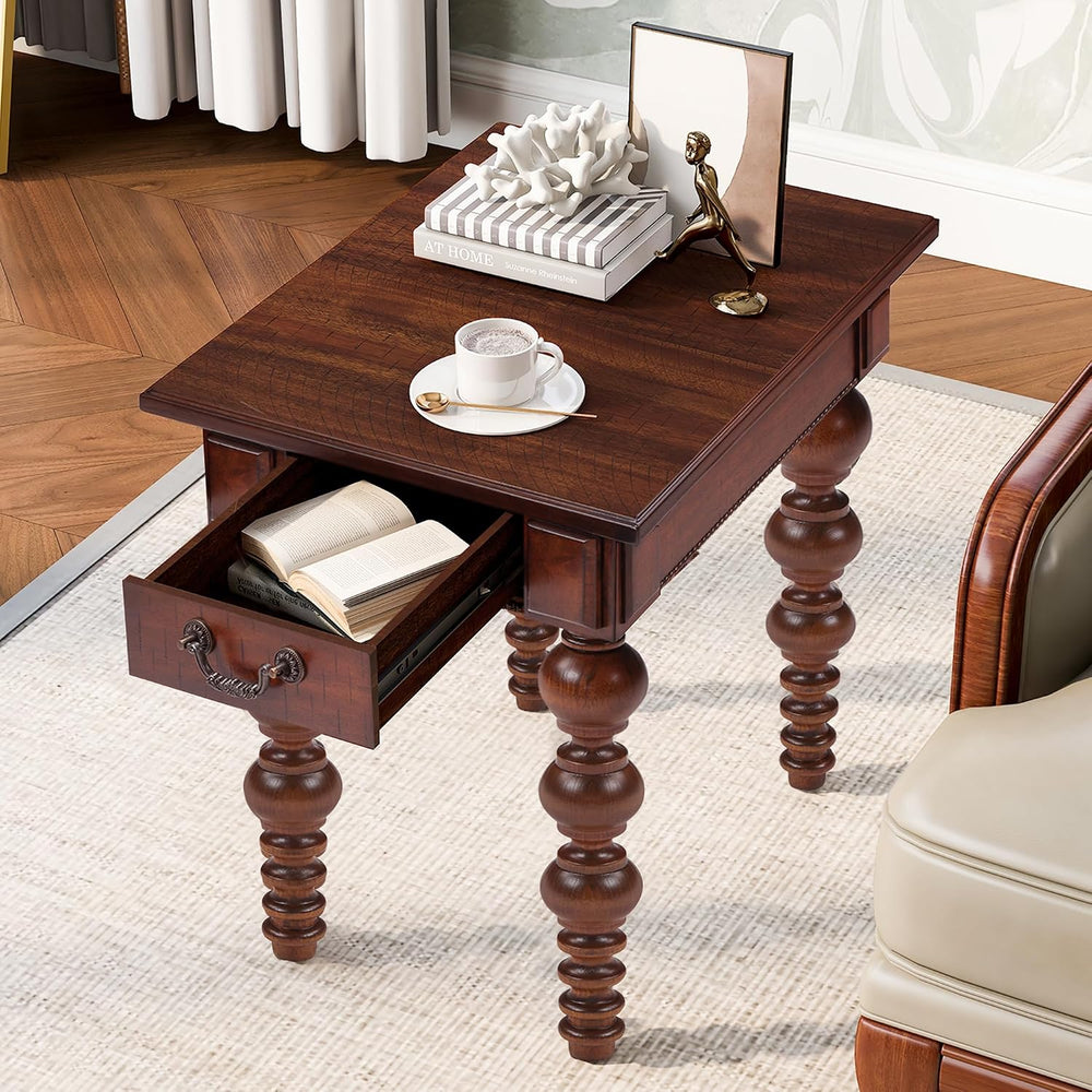 LKTART Wood End Table, Vintage Narrow Sofa Side Table with Storage Drawer, Be...
