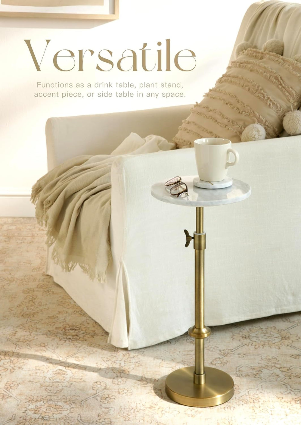 Adjustable 10" White Marble Drink Table with 2 Coasters, Antique Brass⁠ ...