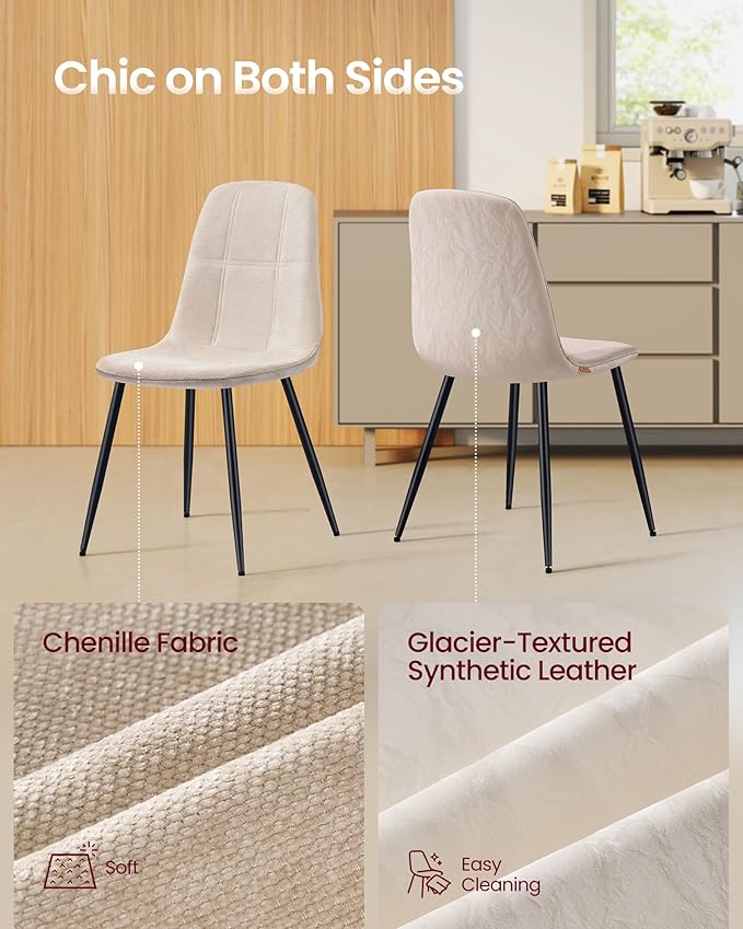 VASAGLE Dining Chairs, Set of 4 Dining Room Chairs, Metal Frame, Adjustable Feet, Easy to Clean, Chenille Fabric, Glacier-Textured Synthetic Leather, for Kitchen, Cream White UKDC188W01