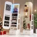 360°Swivel jewelry organizer with Full Length Mirror with Lights,Jewelry Armoires Cabinet Standing with Drawer,Large Mirror Storage for Jewelry and Makeup（White）