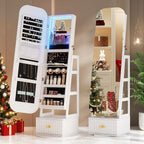 360°Swivel jewelry organizer with Full Length Mirror with Lights,Jewelry Armoires Cabinet Standing with Drawer,Large Mirror Storage for Jewelry and Makeup（White）