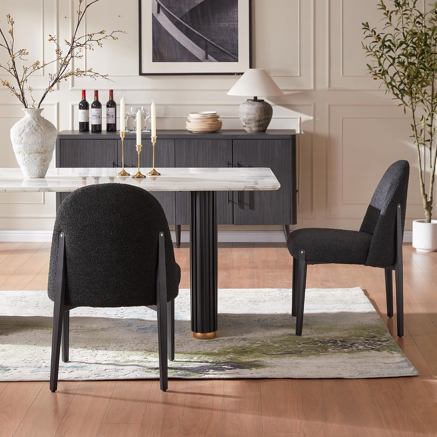 Morden Fort Boucle Dining Chairs Set of 4, Thick Upholstered Chairs with Metal Legs & Curved Backrest, Post Modern Minimalist Chair for Dining Room, Kitchen, Living Room, Bedroom, Apartments, Black