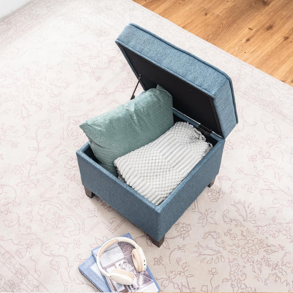 Linen Storage Ottoman with Wooden Legs, 17" Square Upholstered Flip-Top ...