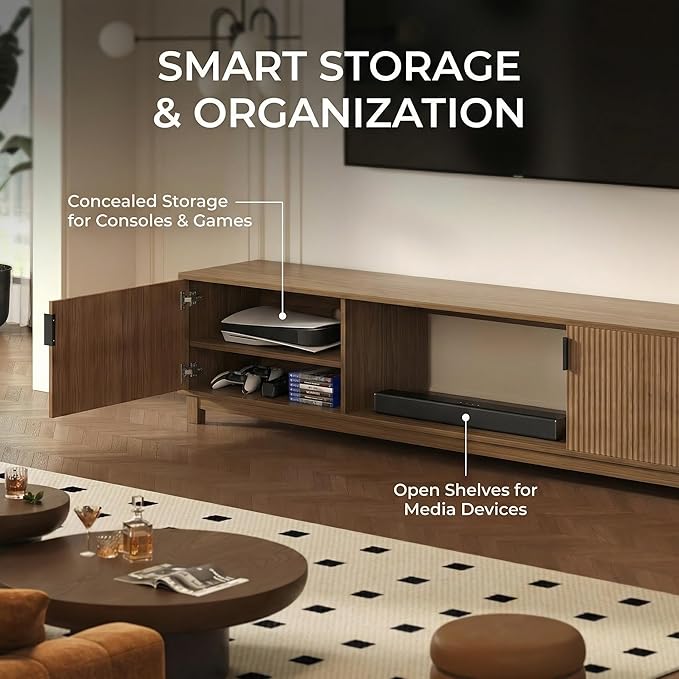70" Fluted TV Stand for TVs up to 75 inch, Mid Century Modern Entertainment Center with 2 Hinged Doors & Open Shelves, Boho Media Console with Adjustable Shelves for Living Room, Walnut