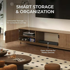 70" Fluted TV Stand for TVs up to 75 inch, Mid Century Modern Entertainment Center with 2 Hinged Doors & Open Shelves, Boho Media Console with Adjustable Shelves for Living Room, Walnut