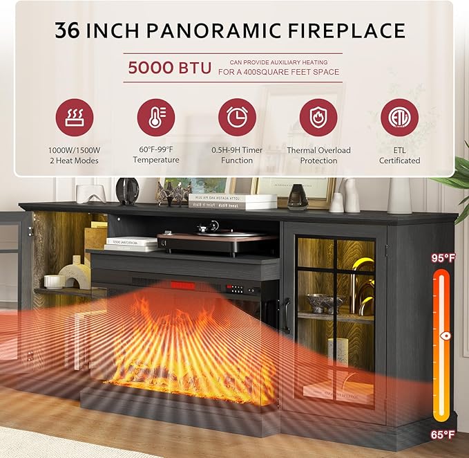 oneinmil 80'' Fireplace TV Stand with 3-Sided Glass, TV Cabinet for TVs up to 85", 80'' Modern Media Entertainment Center with Farmhouse Glass Door Storage Cabinets, Black