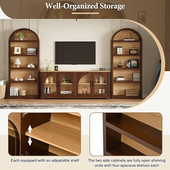 3-Piece Farmhouse TV Stand Set with Bookshelf for TVs Up to 70", Two-Tone Wood Grain Entertainment Center with Arched Design, Retro Sideboard with Tempered Glass Doors for Living Room (Walnut+Natural)