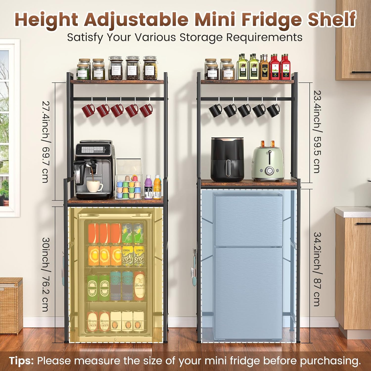 Housolution Mini Fridge Stand with Storage, 2-Tier Kitchen Microwave Stand with Storage Mini Fridge Shelf Height Adjustable Bakers Rack with 8 Hooks for Dorm, Living Room, Offices