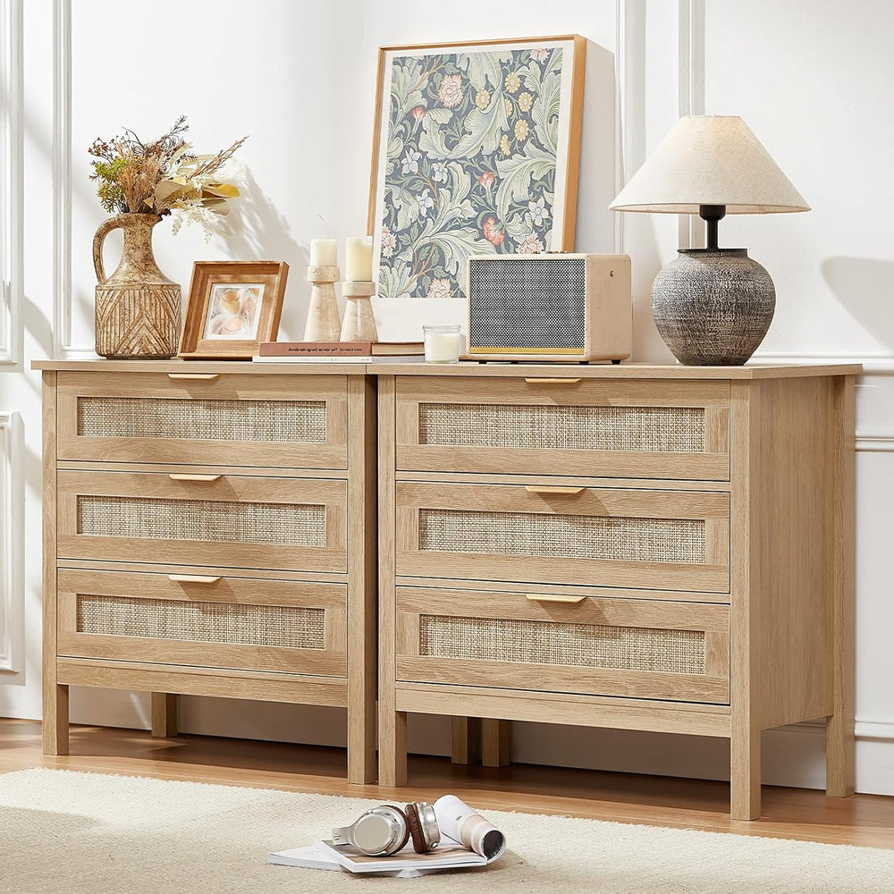 LEYAOYAO 31.5" Wide Rattan Nightstands Set of 2, Large Boho Night Stand ...