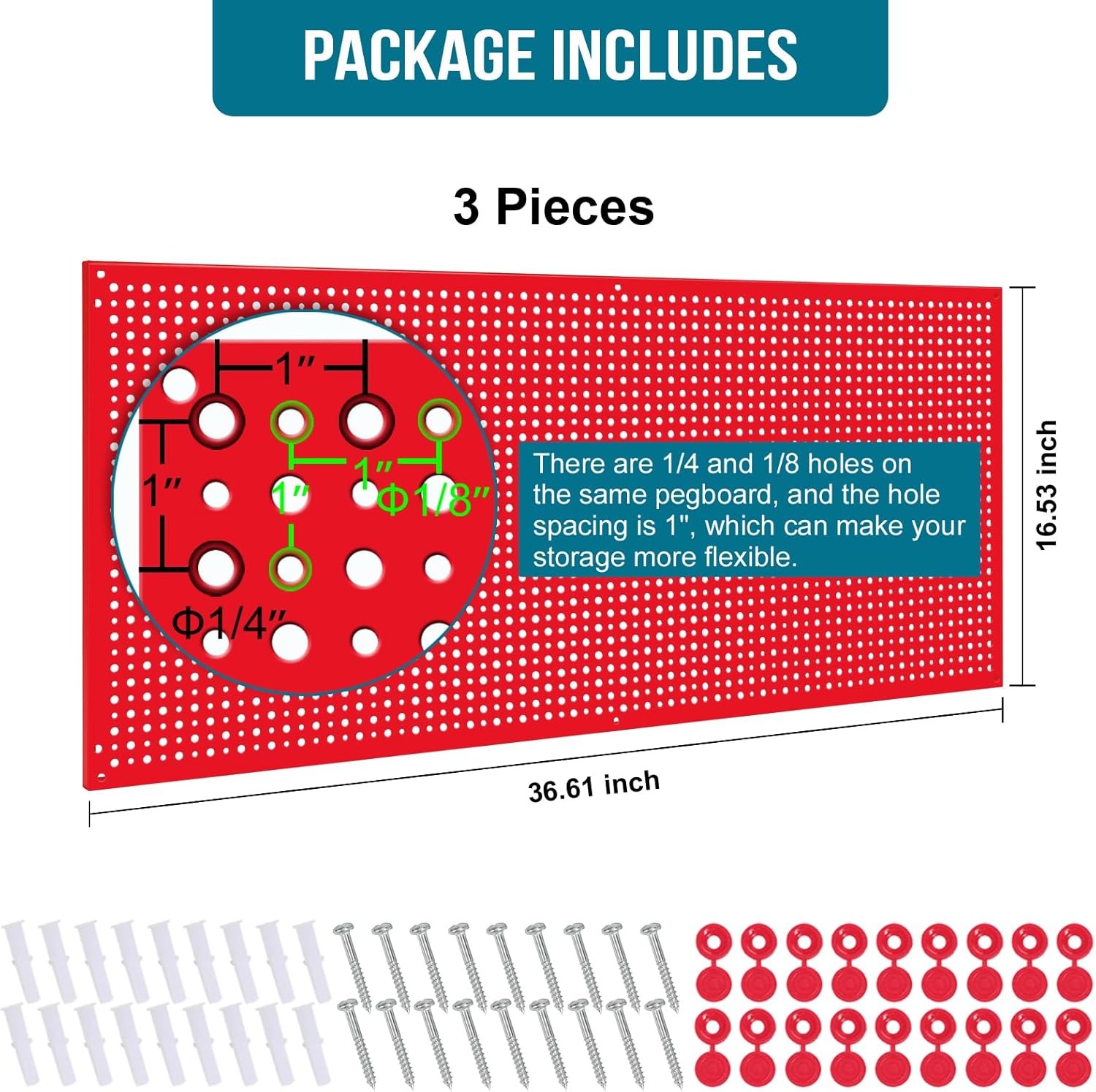 Pegboard Rack Garage Storage Steel Horizontal PegBoard Pack,Steel Pegboard Heavy Duty- 3 Pack 16-Inch X 36-Inch Metal Peg Board Tool Organization Panels (Red)