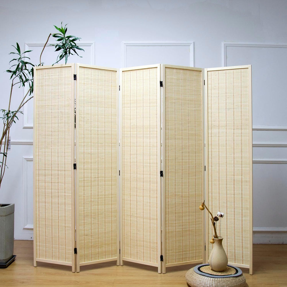 Furnnylane 5 Panel Bamboo Room Divider – 5.6 ft Tall Folding Privacy Screen, ...
