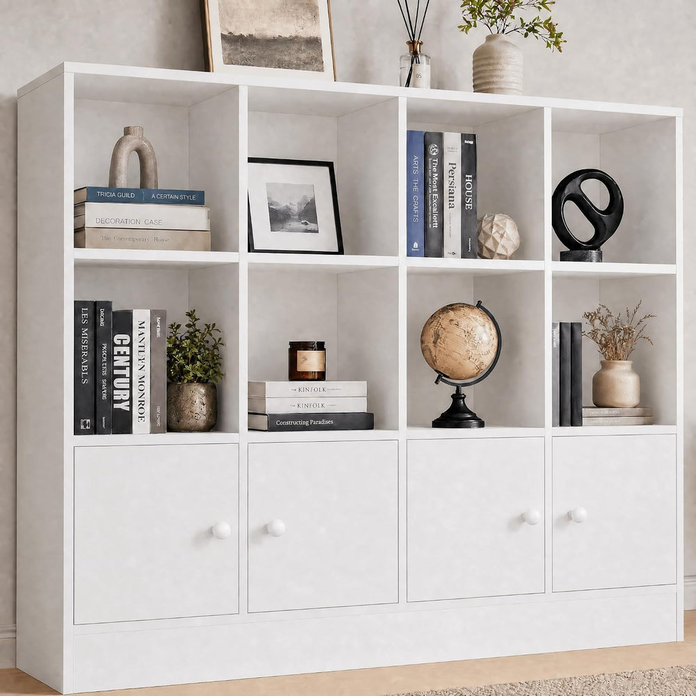 Cozy Castle White Wood Bookcase, 12 Cube Display Shelf with 4 Doors, 3 Tier O...
