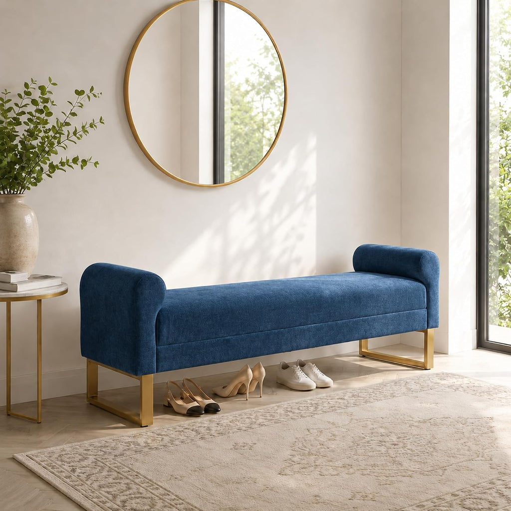 65.75" Storage Ottoman Bench, End of Bed Bench for Bedroom | Hidden Storage, Gold Metal Legs, Chenille Upholstered Seat And Modern Design For Living Room, Entryway Or Window Seating