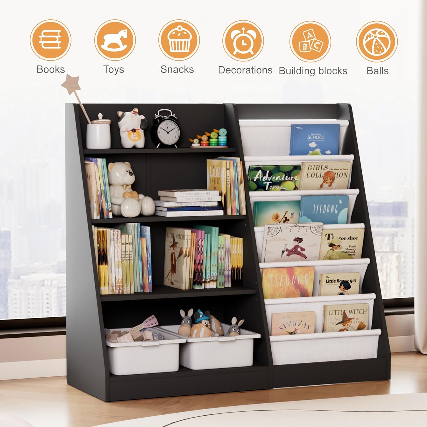 Black Kids Bookshelf Wood Toy Storage Organizer Cabinet Children Bookcase Toddler Baby Sling Book Rack Adjustable Shelf for Playroom Bedroom Nursery Hallway School Kindergarten
