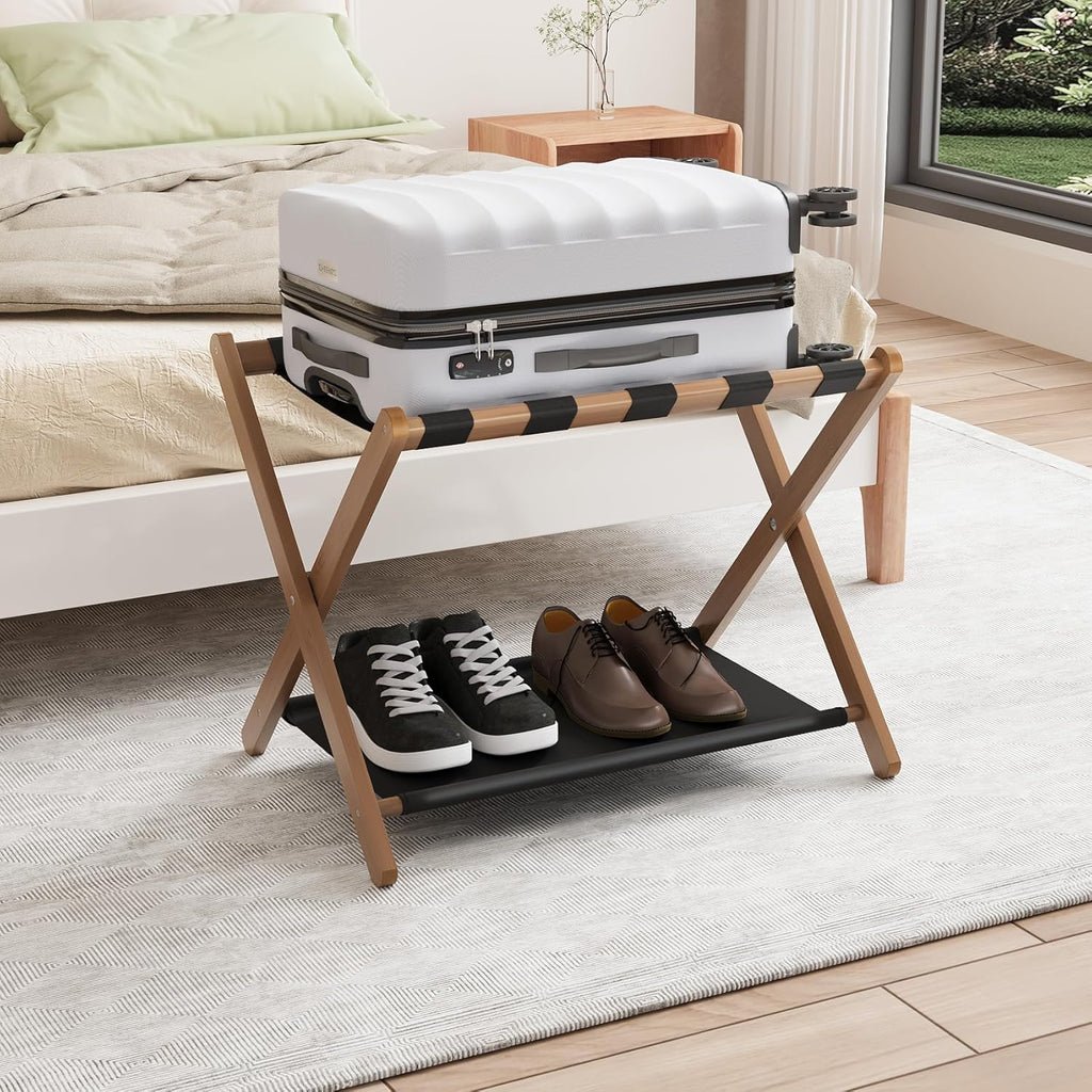 Smuxee Walnut Bamboo Luggage Rack for Guest Room, Foldable Suitcase Stand with Storage Shelf, Easily Assembled Luggage Stand with 5 Nylon Straps for Guest Room Bedroom Hotel