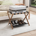 Smuxee Walnut Bamboo Luggage Rack for Guest Room, Foldable Suitcase Stand with Storage Shelf, Easily Assembled Luggage Stand with 5 Nylon Straps for Guest Room Bedroom Hotel
