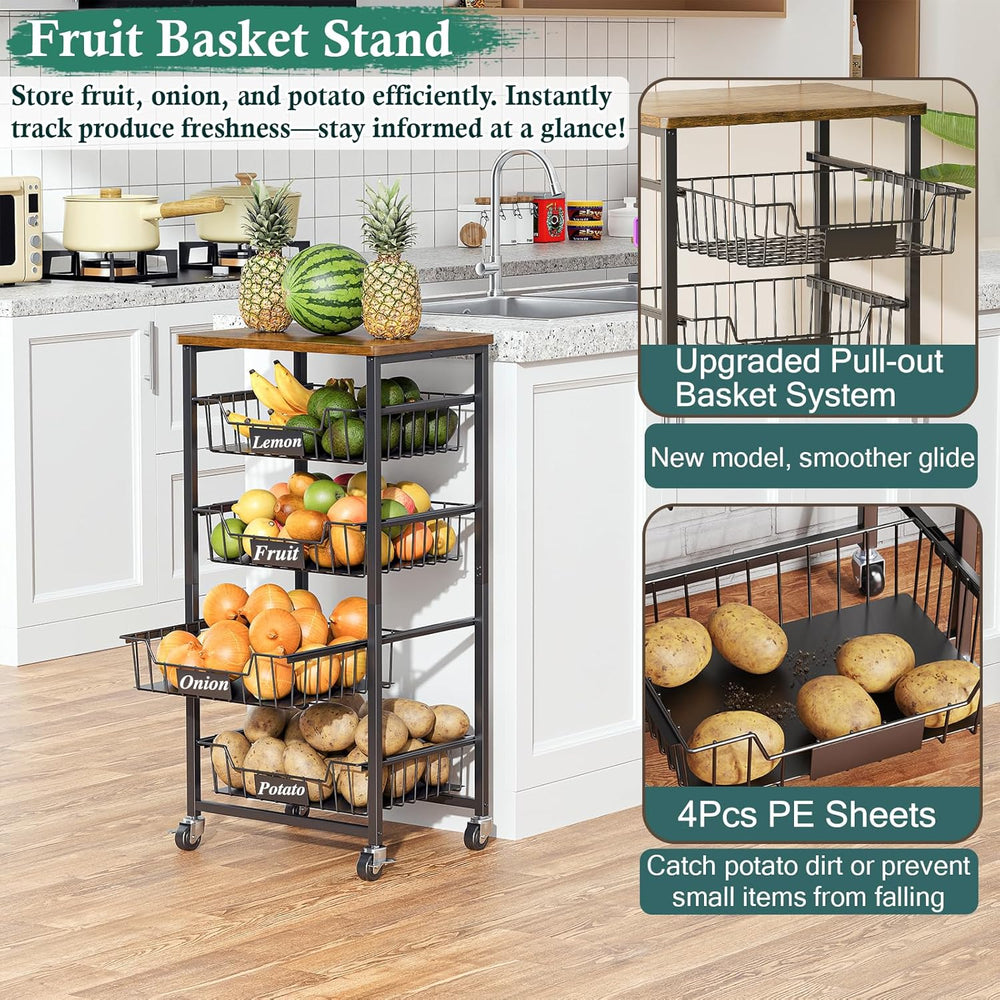 OKZEST Fruit Basket, 5-Tier Utility Kitchen Organizer and Storage Cart with P...
