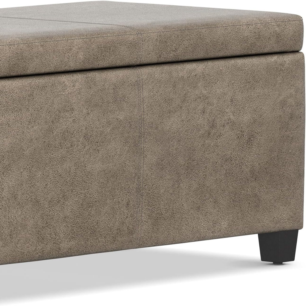 SIMPLIHOME Avalon Storage Ottoman Bench - 48" Wide x 16" High Upholstered Vegan Leather Rectangular Lift-Top Ottoman in Distressed Smoky Grey Brown, Transitional Storage Bench with High-Density Foam